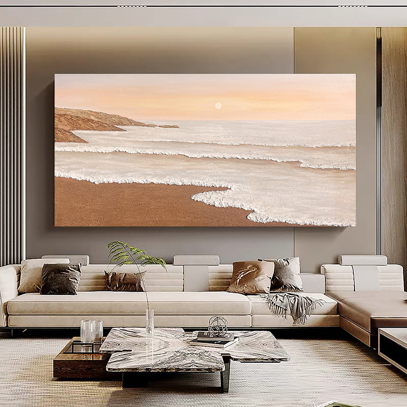 Purely Hand-Painted Oil Painting of Sunrise, High-End Cream Style Modern Decorative Painting for Living Room Sofa Background Wall, Large Horizontal Format