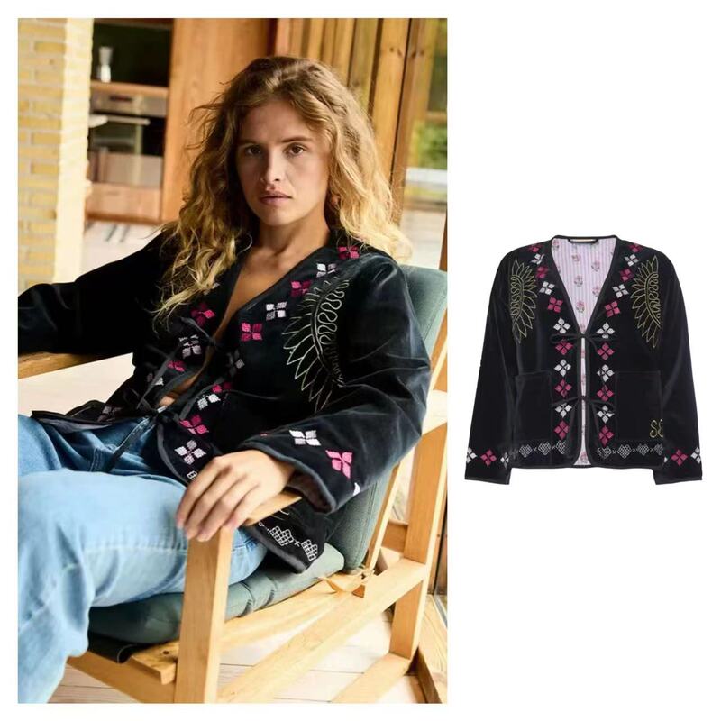 Vintage Velvet [Danish Siss* Jacket] 24 Early Autumn Heavy Craft Ethnic Style Embroidered Lace-Up Cardigan Top