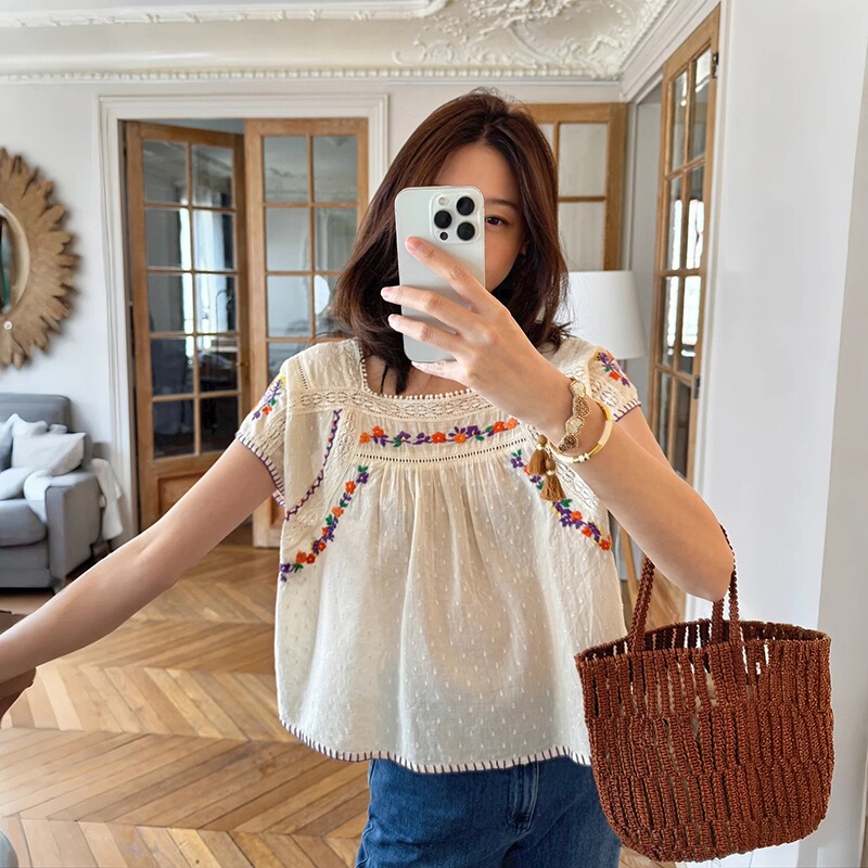 【Paris Luna* Small Floral Shirt】Bag French Style Single 25 Autumn Short Flutter Sleeve Polka Dot Embroidered Shirt