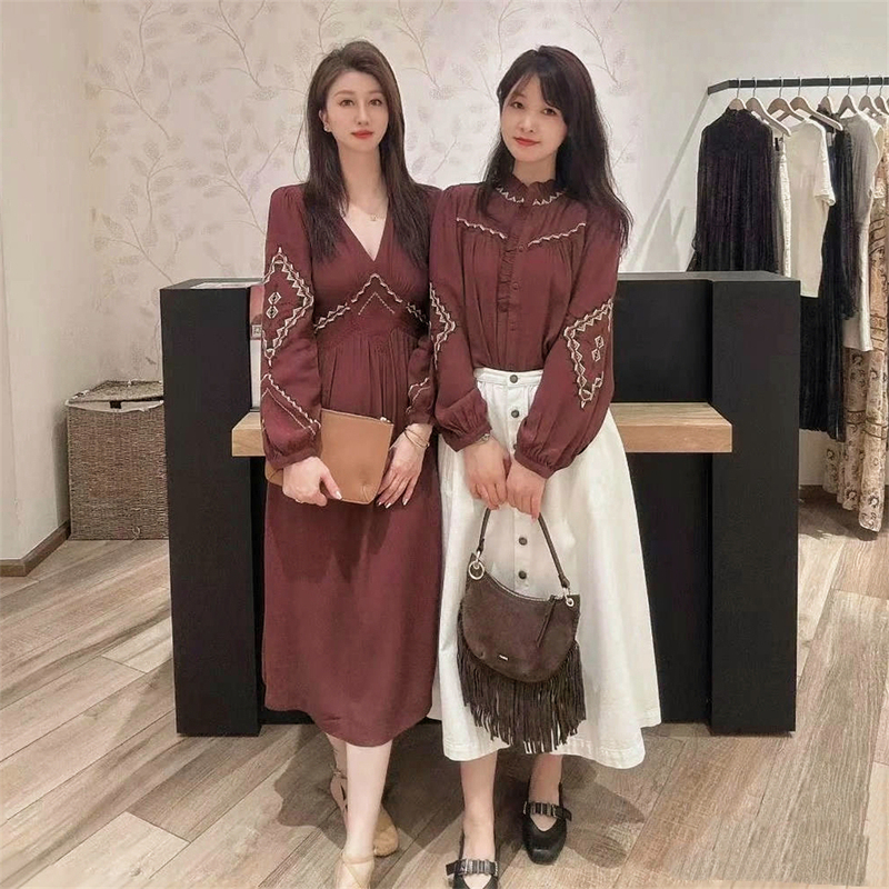 90% off 【Paris Bas* Shirt + Dress】Bag French Style Single Item 25 Autumn Vintage Coffee Color Bohemian Long Dress
