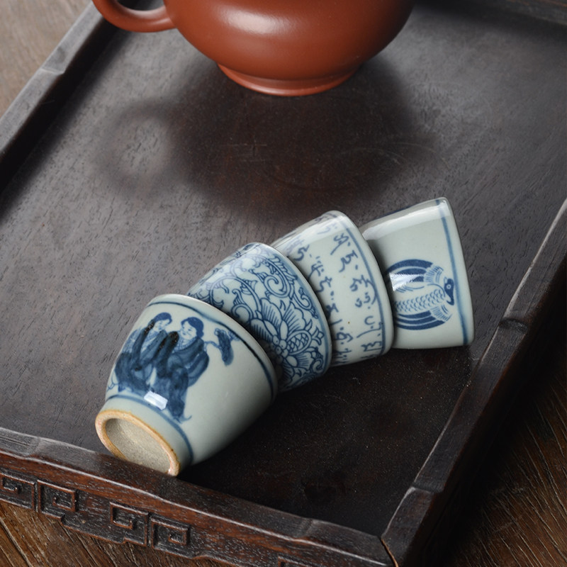 Jingdezhen retro green flower porcelain imitation old porcelain Ming green flower ceramic small tea cup Kung fu tea with tea drinking cup