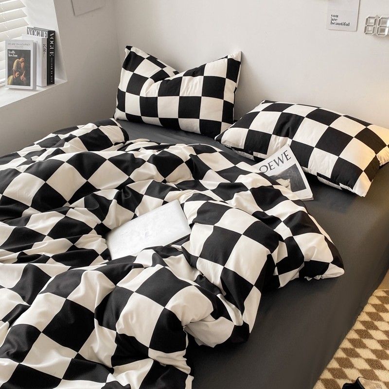 Retro checkerboard plaid spring and summer four-piece quilt cover cotton brushed washed cotton bed linen student bed sheet three-piece set