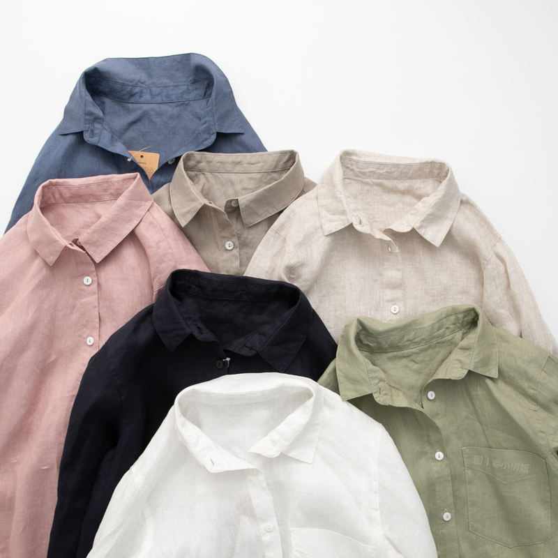 Lightweight High-Count Pure Linen, Soft and Shiny, Collared Long-Sleeve Loose Shirt for Women, Spring and Summer Linen Top 221028