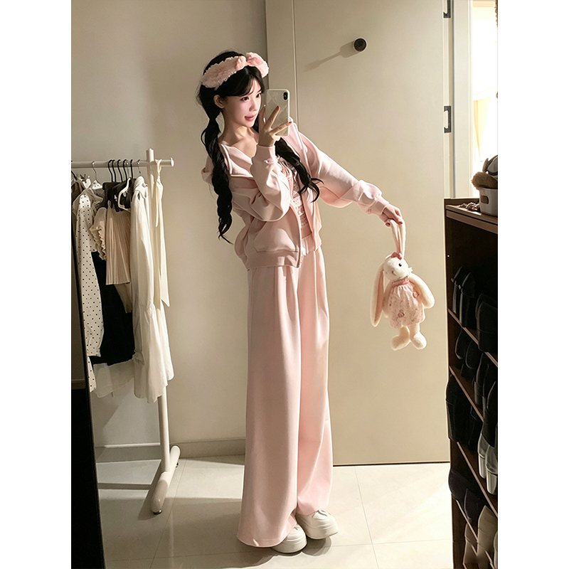 Korean-Style Girly Sports Suit for Women, Spring and Autumn Relaxed Pink Hooded Sweatshirt and Wide-Leg Pants Two-Piece Set