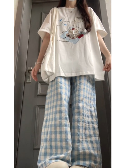 韩系减龄运动套装女夏季2025新款学生休闲短袖格子裤时尚两件套