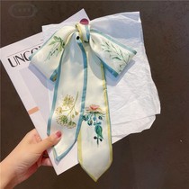 Petite fleur verte fraîche imprimé bandes soie serviettes printemps automne décorations dété petit foulard femme bande poil avec ruban de fixation ruban de soie