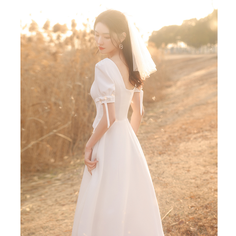 White Satin Light Wedding Dress for Getting Married, Can Be Worn Casually, French-Style Dress, Small Formal Dress, Engagement Dress