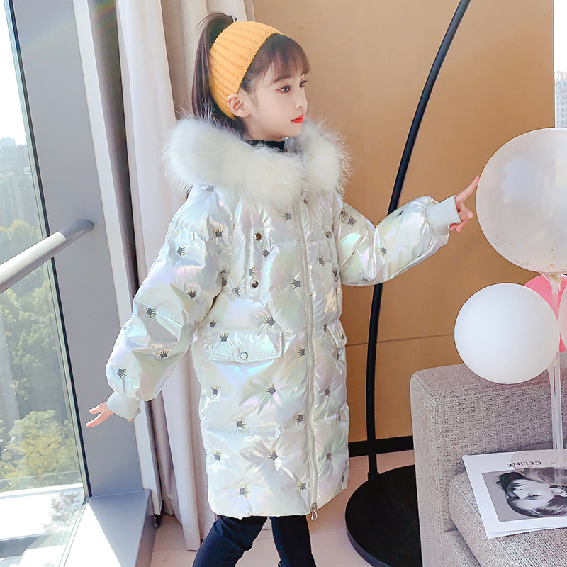 Korean girls winter cotton padded clothes new children's mid-length version Korean version of the warm jacket big fur collar bright leather padded jacket children's clothing