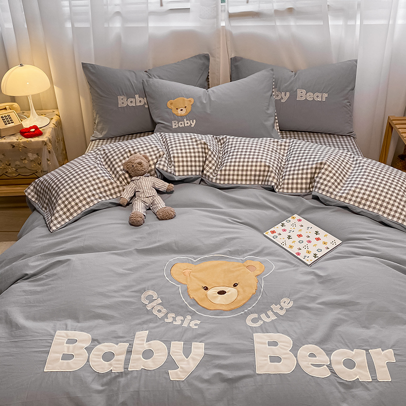 ins cartoon washed cotton four pieces all cotton pure cotton 100 children dormitory bed linen quilt cover three sets bedding