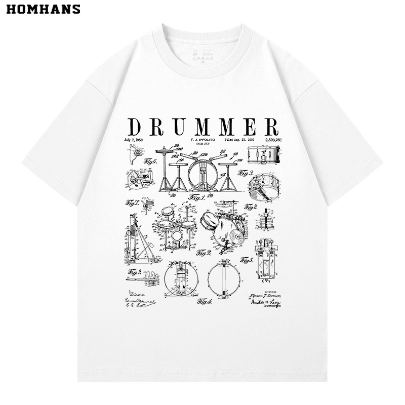 Drum Set Snare Drum Patent Graphic Fun Print Short-Sleeve T-Shirt Retro Drummer Creative Pure Cotton Unisex Loose Casual Drum Set Snare Drum Patent Graphic Fun Print Short-Sleeve T-Shirt Retro Drummer Creative Pure Cotton Unisex Loose Casual