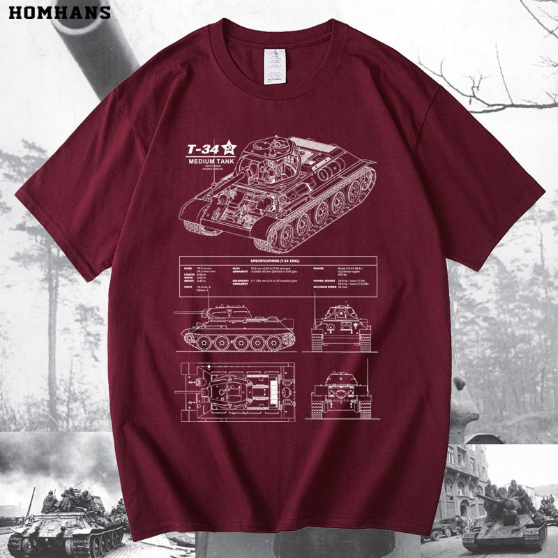World War Ii Soviet Tank T34 Blueprint Line Drawing Military Equipment Short-Sleeved T-Shirt Men's Loose Half-Sleeved Pure Cotton Summer