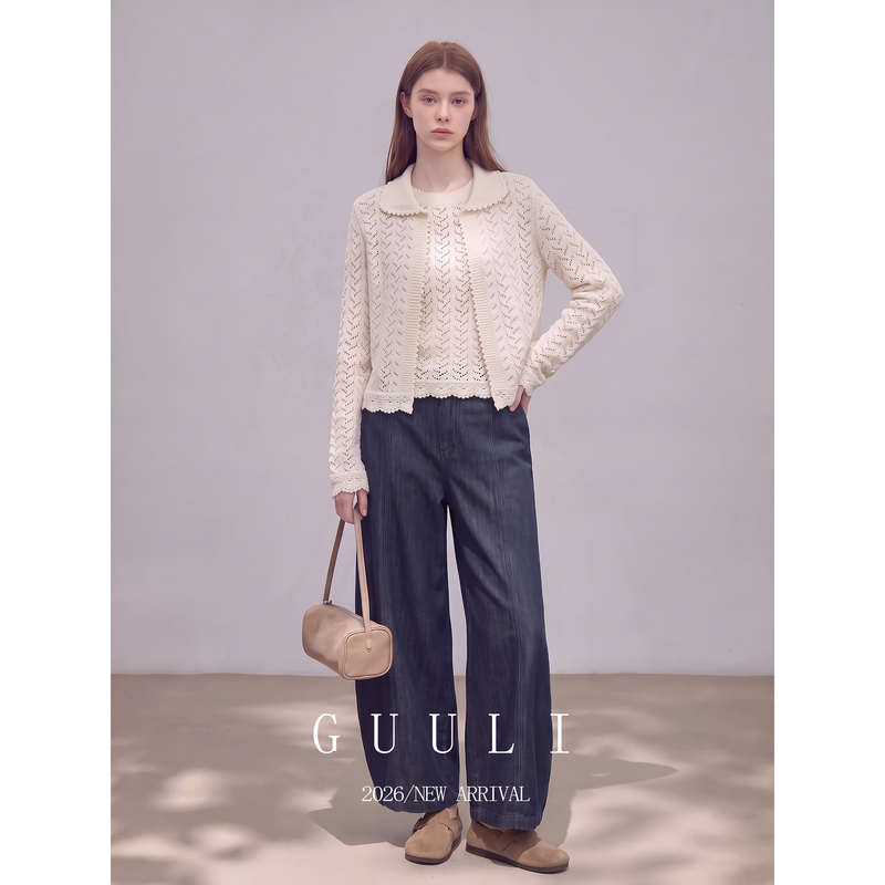 Korean-Style Off-White Wave Crochet Hollow Long-Sleeve Baby Collar Knitted Cardigan Vest, Autumn 2026 New Women's Clothing