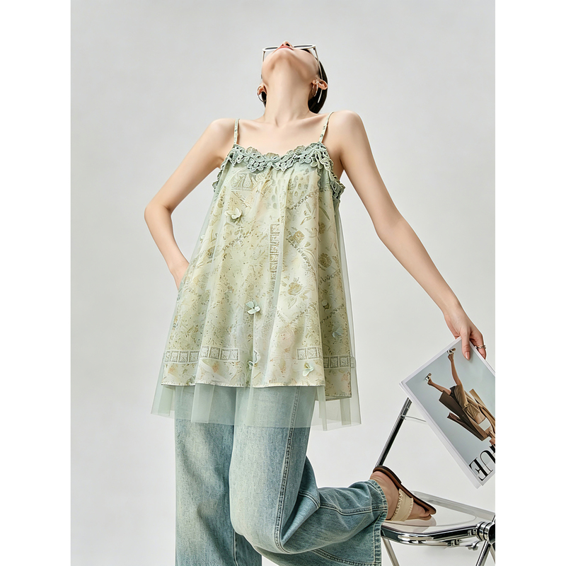 Vacation Style Mint Green Mesh Lace Patchwork Camisole Women's Summer Outerwear Hot Girl Outfit Backless Top