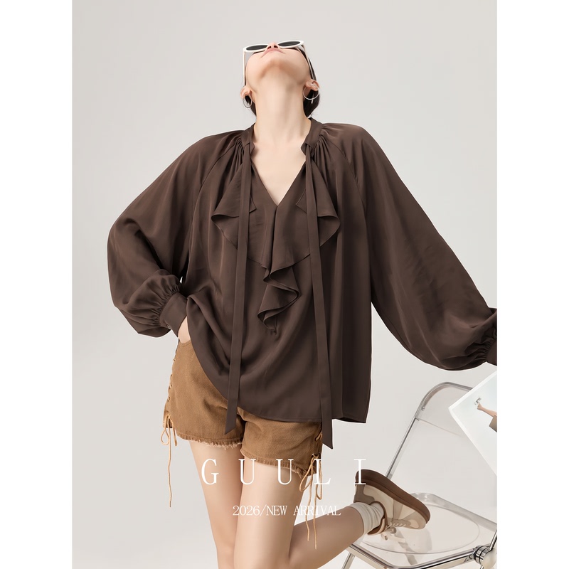 Coffee-Colored V-Neck Ruffled Tie-Up Off-Shoulder Lantern Long-Sleeve Shirt for Women, 2026 New Style, Suitable for Commuting in Autumn Coffee-Colored V-Neck Ruffled Tie-Up Off-Shoulder Lantern Long-Sleeve Shirt for Women, 2026 New Style, Suitable for Commuting in Autumn