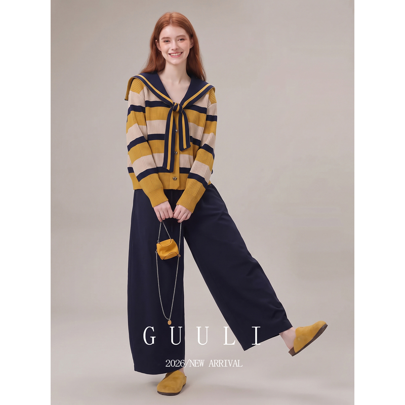 College Style Color-Blocked Striped Sailor Collar Knitwear, Autumn 2026 New Women's Clothing, ins Korean Design Tops