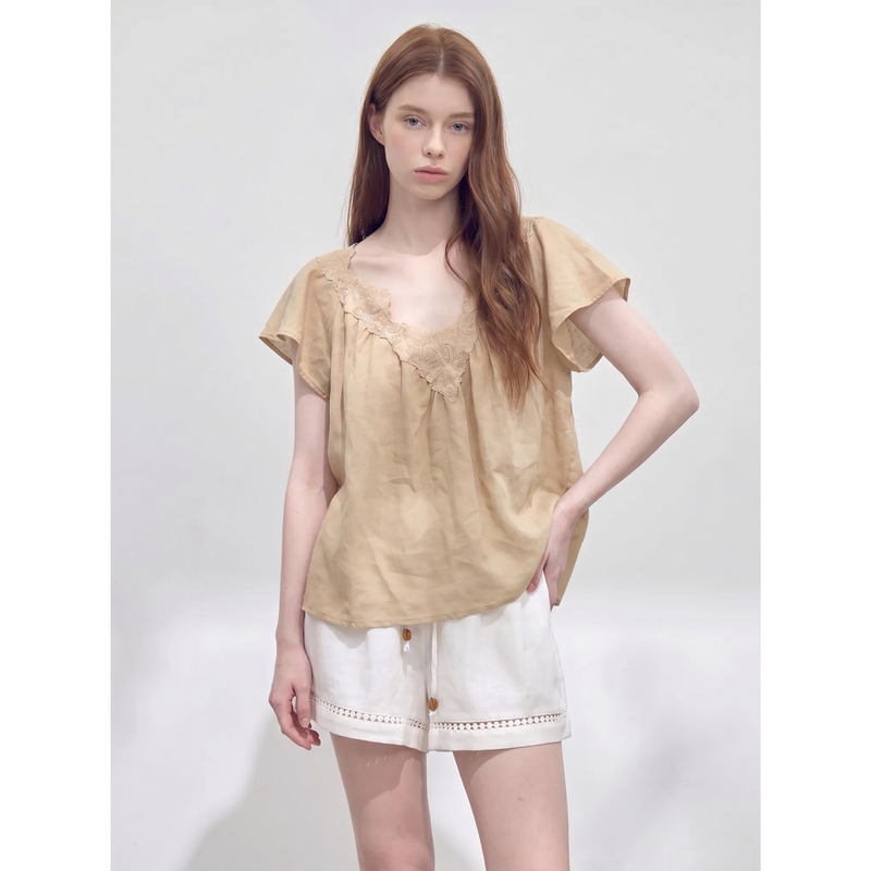 Apricot-Colored Wavy Lace V-Neck Short-Sleeved Linen Top Shirt for Women, Unique and Beautiful Ramie Blouse for Summer Apricot-Colored Wavy Lace V-Neck Short-Sleeved Linen Top Shirt for Women, Unique and Beautiful Ramie Blouse for Summer