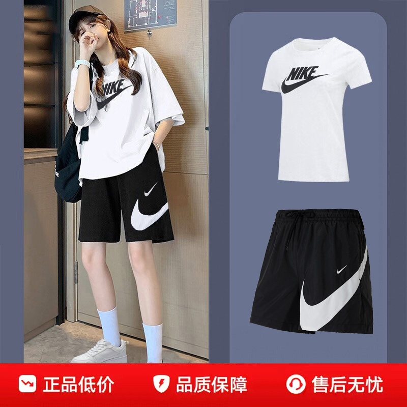 Women's Two-Piece Nike Official Summer Running Sports Suit Short-Sleeved Breathable White T-Shirt and Shorts Two-Piece Set Women's Two-Piece Nike Official Summer Running Sports Suit Short-Sleeved Breathable White T-Shirt and Shorts Two-Piece Set