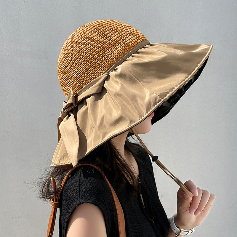 Black rubber beach hat sunhat female summer hollowed-out straw hat anti UV big hat hat face sunscreen sun fisherman hat