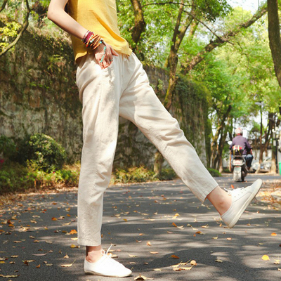 2021新款女棉麻九分哈伦休闲裤