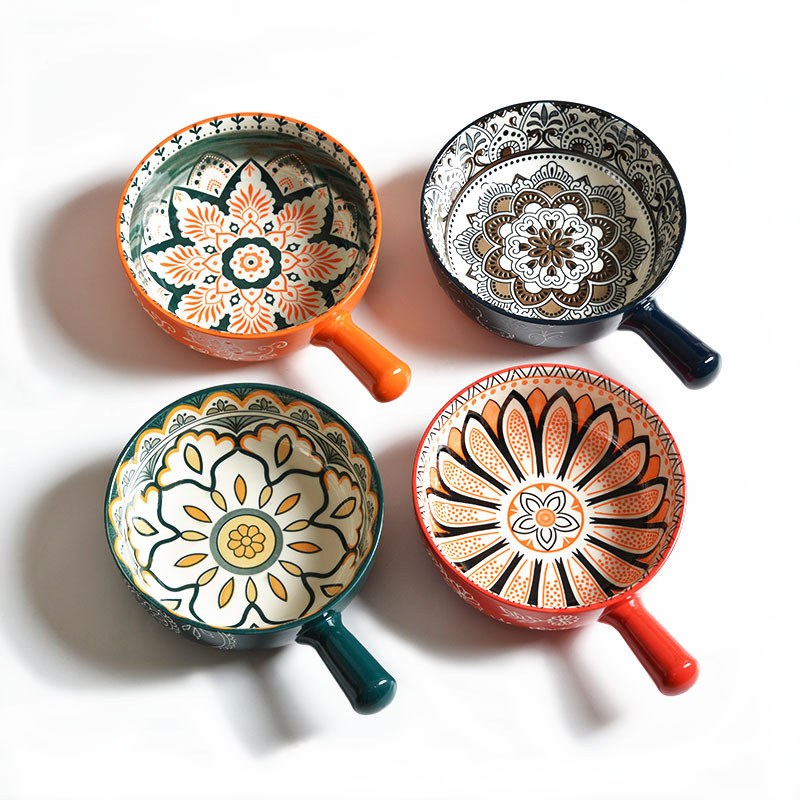 Moroccan Ceramic Handle Round Bowl for Home Use, Creative and Unique Fruit Salad Bowl, Baking Rice Bowl with Handle, Instant Noodle Bowl
