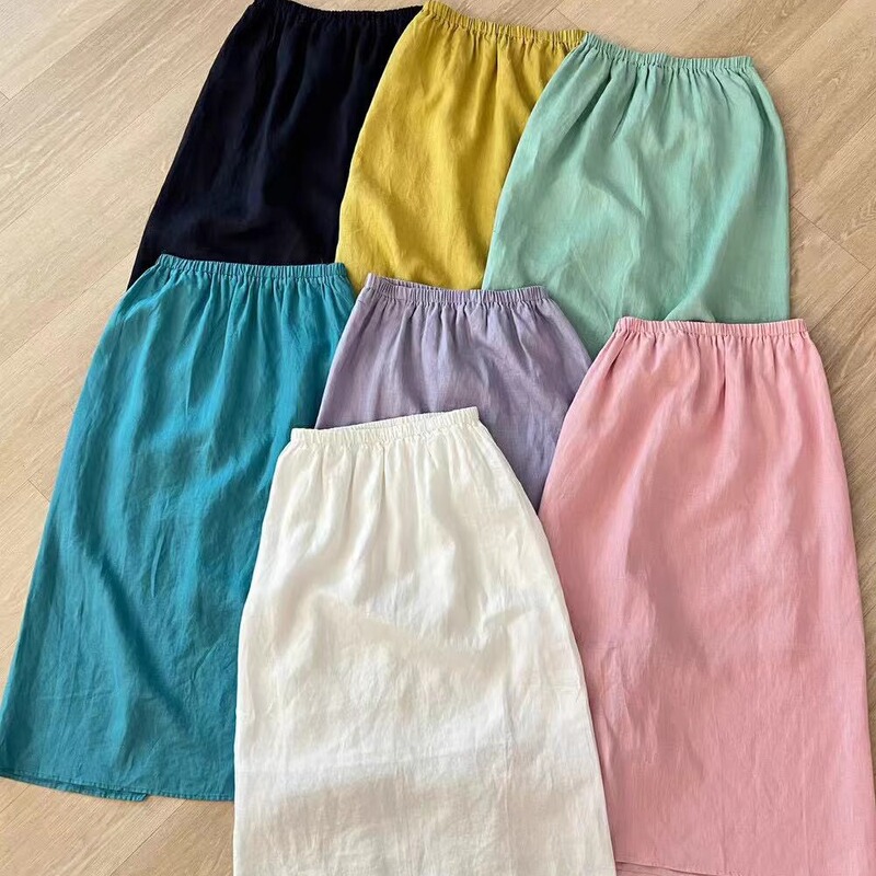 Japanese Style Cotton and Linen Skirt Women's Summer Thin Mid-Length Slim A-Line High-Waisted Linen Straight Slit Long Skirt