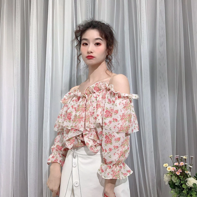 Áo sơ mi một vai rất cổ tích sling hoa 2020 mới voan nấm xù tay áo rời mỏng đầu - Áo sơ mi chiffon ren