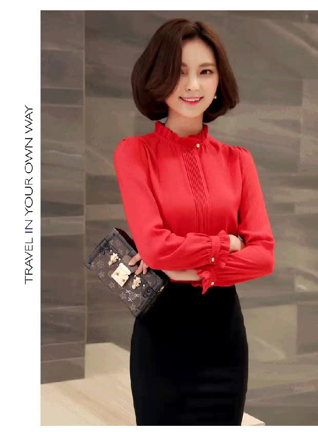 Mùa xuân 2017 thu đông mới của phụ nữ áo sơ mi nữ phiên bản Hàn Quốc của áo sơ mi ren mỏng giảm béo áo thun dài tay đứng cổ áo sơ mi voan áo sơ mi nữ sọc