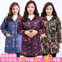 Korean version of long sleeve plus velvet thickened womens gown kitchen apron waterproof and oil-proof clothing warm and dirty work clothes