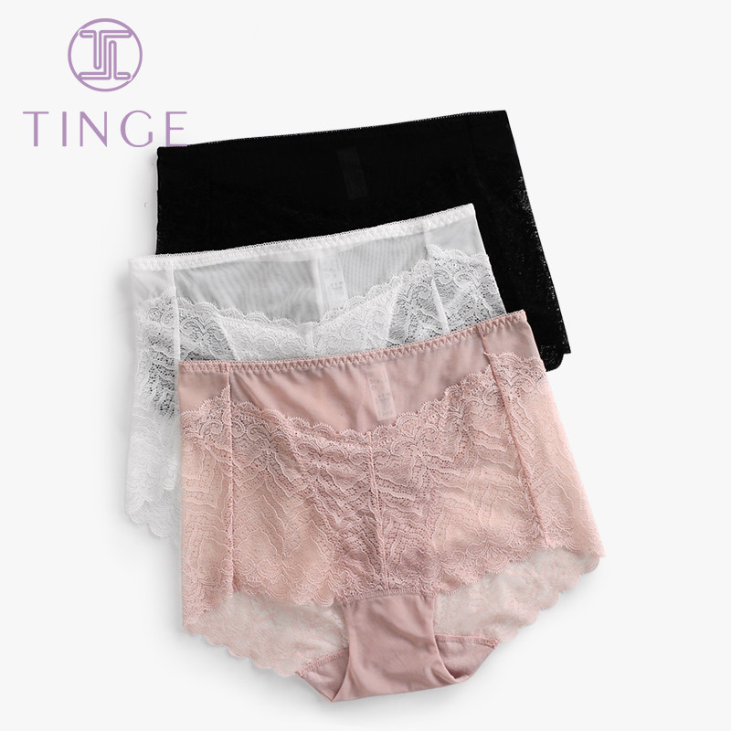 3 Sexy Hollowed-out High Waist Briefs Female Lace Pure Cotton Crotch No Marks Big Size Transparent Mesh Yarn Triangular Pants Head Thin