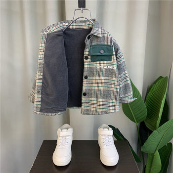 Boys' fleece shirt 2022 new foreign style baby spring autumn winter children's clothing Korean version children's thickened plaid shirt