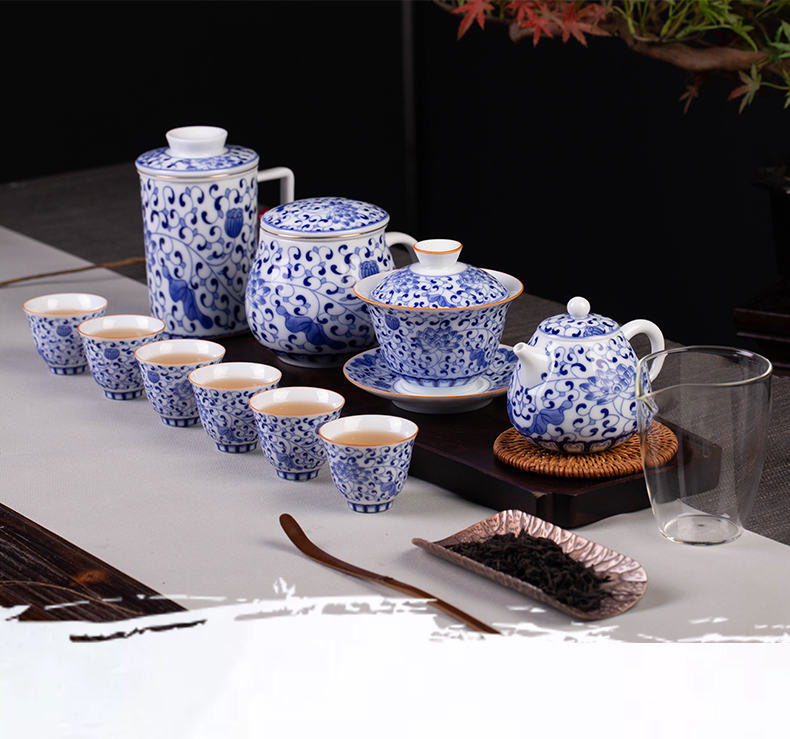 Blue and white porcelain jingdezhen ceramic tea set household mercifully kung fu tea set fair tea pot cup of a complete set of tea cups