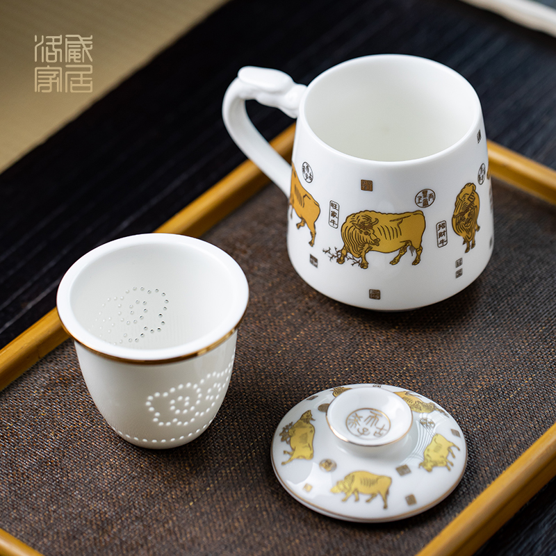 Ceramic filter cups with cover office cup WuNiu heart sutra figure make tea cup for tea tea separation