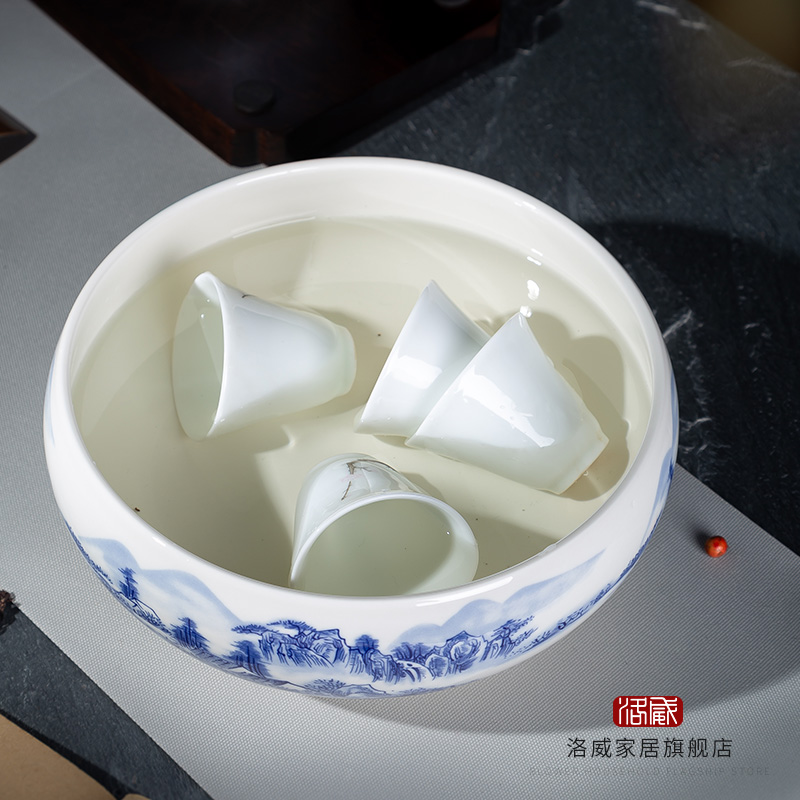 Tea accessories have blue and white porcelain household writing brush washer wash large Tea cup bowl of Tea six gentleman 's zero water wash dishes