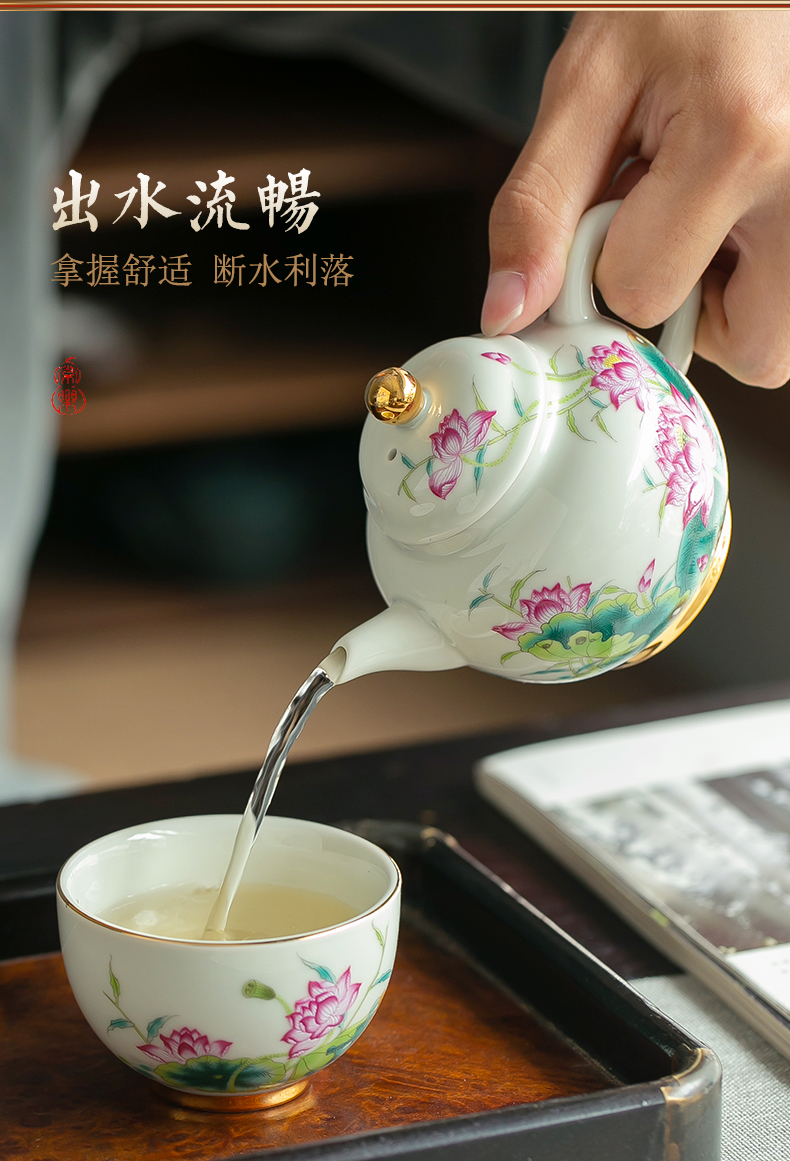 Blower, pastel lotus tea set household of Chinese style of archaize ceramic high - grade kung fu lid bowl of a complete set of tea cups