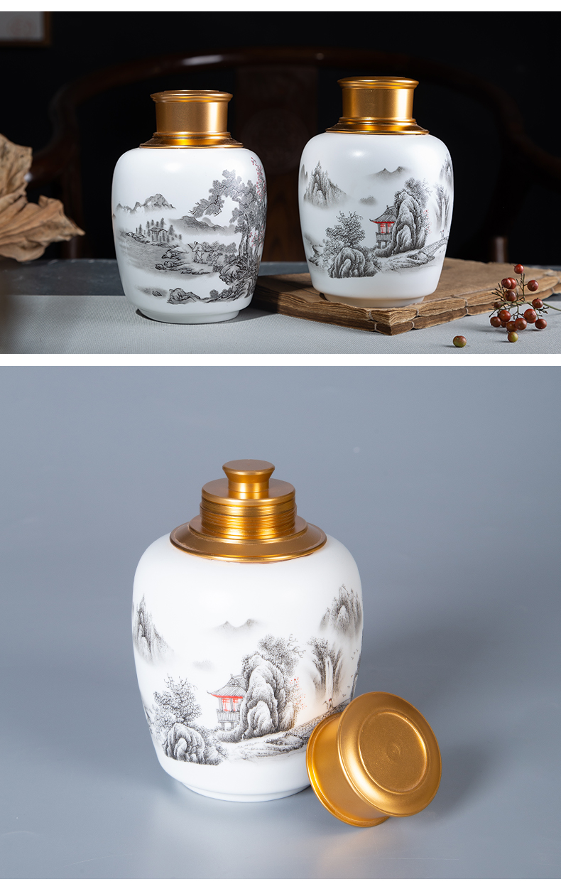 Pu 'er tea canister jingdezhen ceramic metal portable household celadon tea tea warehouse seal pot large pot