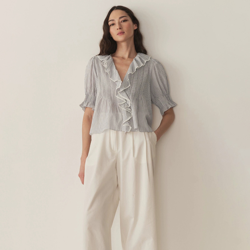 American Style Doen~ Elegant and Romantic Contrasting Color Striped Print Ruffled Lapel Puff Sleeve Shirt for Women