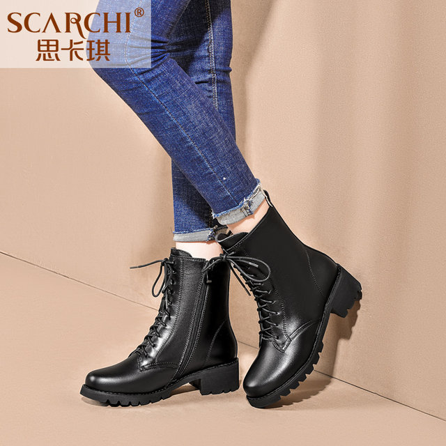 Skaqi Martin boots for women British style medium heel thick heel short boots lace up short boots for women new size ເກີບແມ່ຍິງຂະຫນາດໃຫຍ່ຂະຫນາດ 43