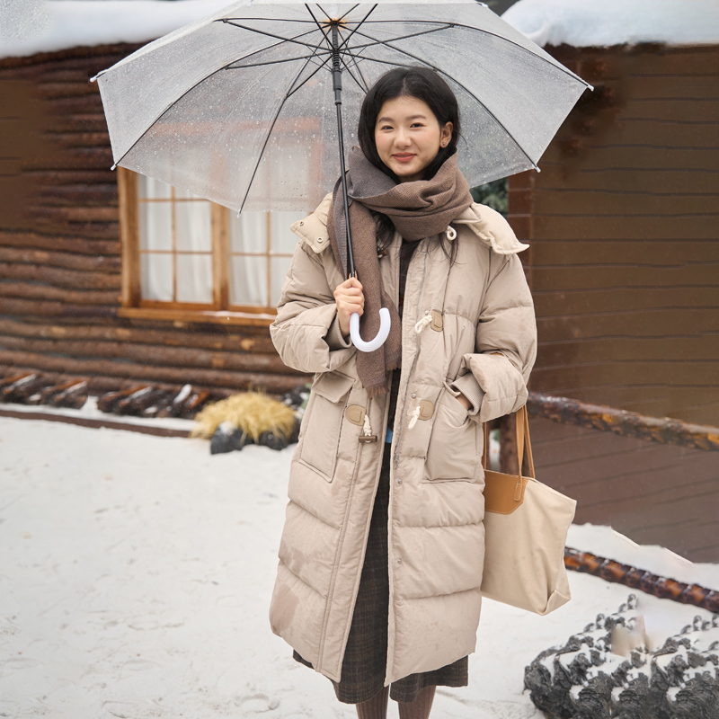 Bruland Long down Jacket for Women, New Winter Style, French Retro, Petite, Over-The-Knee, Warm Hooded Coat