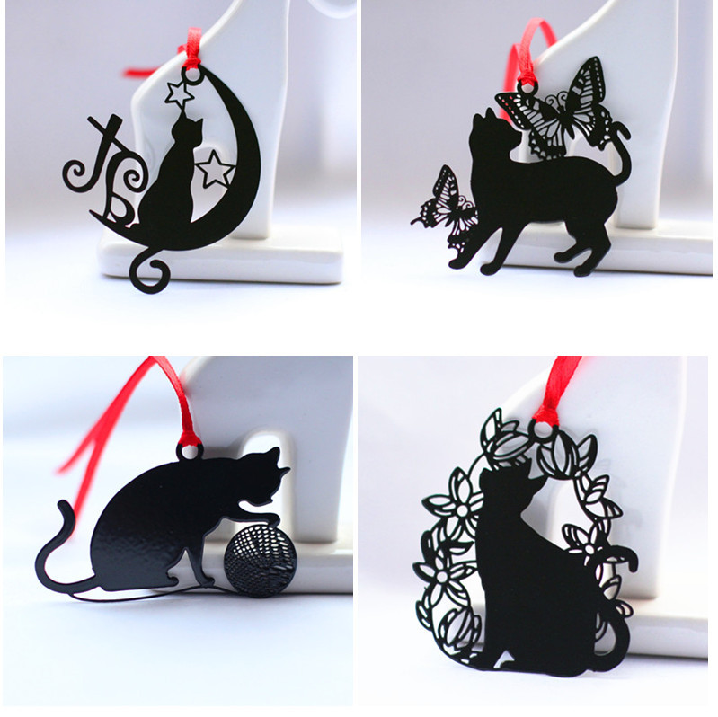 Cute cute cat stainless steel metal black paint bookmark Metal creative bookmark Student vintage gift gift