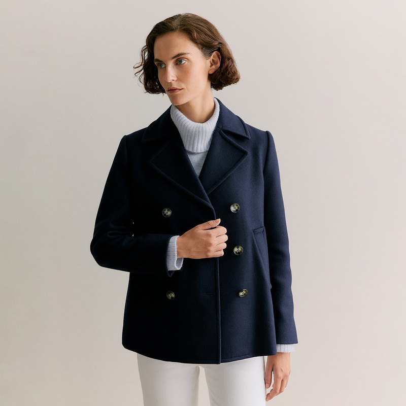Italian-Made Tessuti Wool and Cashmere Blend Thick and Structured Double-Breasted Navy Short Coat with Lapel Woolen Jacket