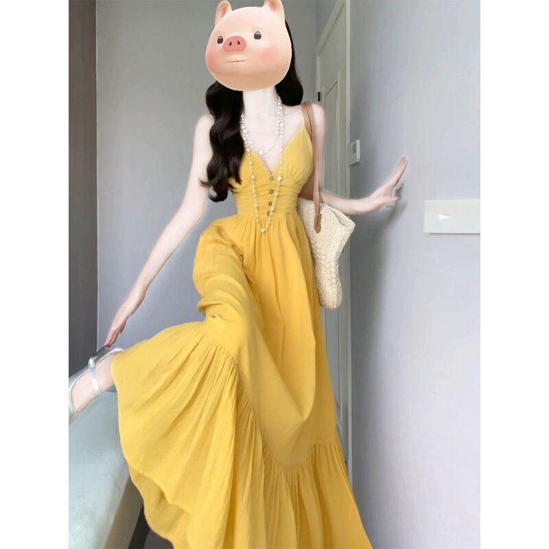 Very Beautiful French-Style Yellow Spaghetti Strap Dress for Women, Summer 2026 New Model, Elegant Long Dress for Seaside Vacation