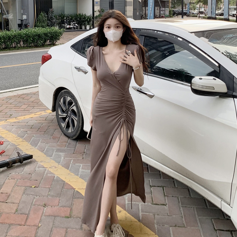 Sexy V Neck Drawstring Slit Short-Sleeved Dress for Women, Summer Elegant, Slim Fit, Slimming, Petite, Over-The-Knee, Hip-Hugging Long Skirt