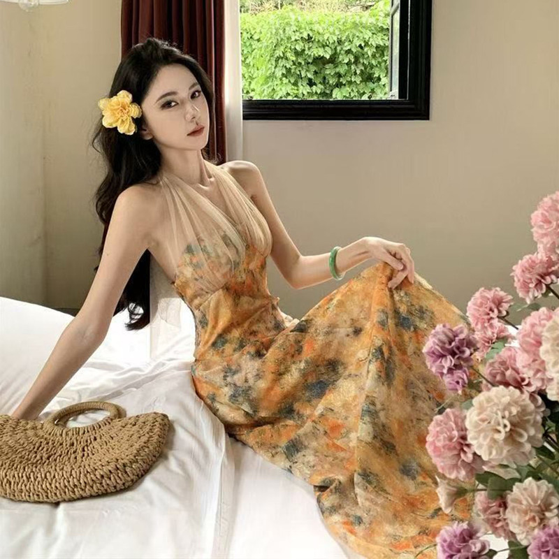 Retro Sexy Oil Painting Print Backless Halter Neck Dress Summer Design Mesh Beach Wear Beach Dress