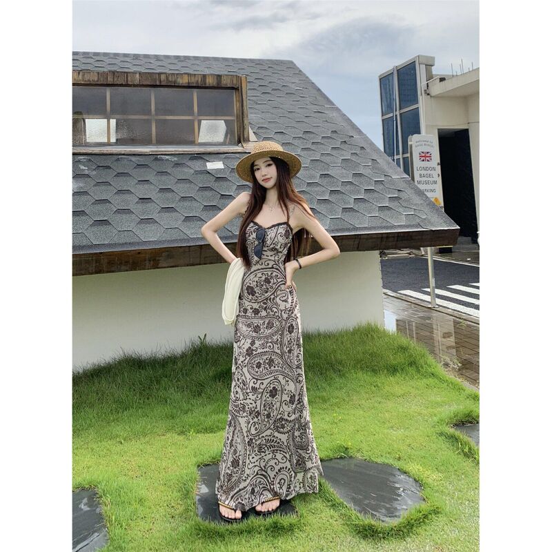 Ethnic Style Lace Suspender Dress for Women, Summer Bohemian Thai Style Xinjiang Seaside Vacation Stepmother Bodycon Long Dress