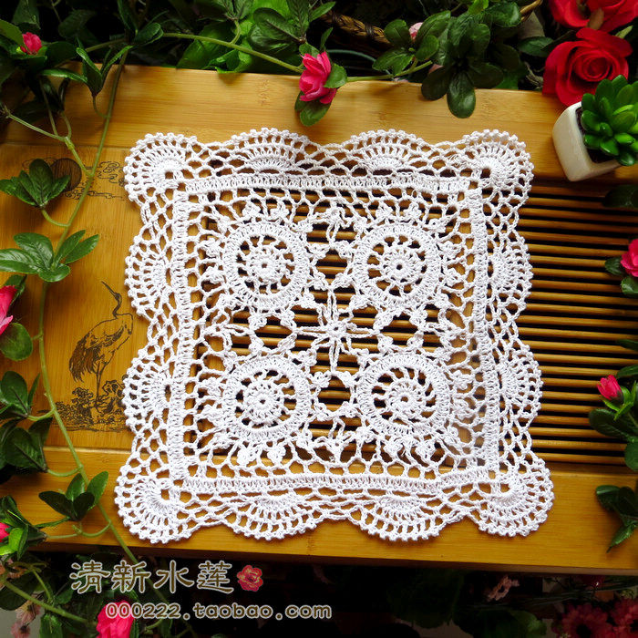 清新水莲 纯手工钩针钩花棉线镂空编织中式餐桌垫子正方装饰盖巾