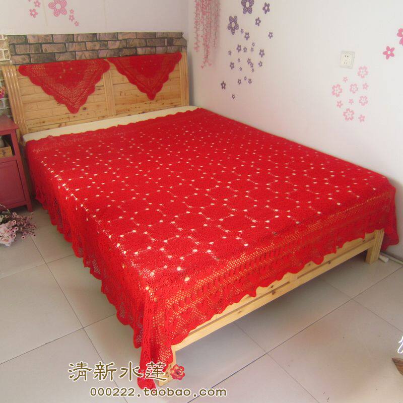 纯手工钩针钩花大床盖 婚庆大红色欧式奢华 纯棉镂空重工床罩窗帘