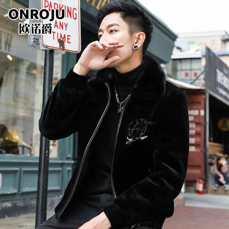 Chainin Hainen goat cut down big coat male short style tiger embroidery leather coat with fur collar fur integrated fur coat fur coat