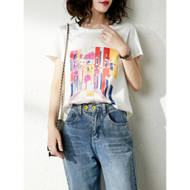 UJIA heavy silk short sleeve T-shirt female 2021 summer new Korean print loose foreign style womens coat tide