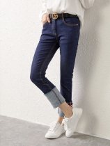 UJIA dark blue high waist thin jeans casual Joker straight pants children autumn 2021 New Korean version