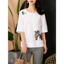 Uhome white embroidered short sleeve T-shirt female 2021 New Korean version loose size foreign style casual lady coat tide